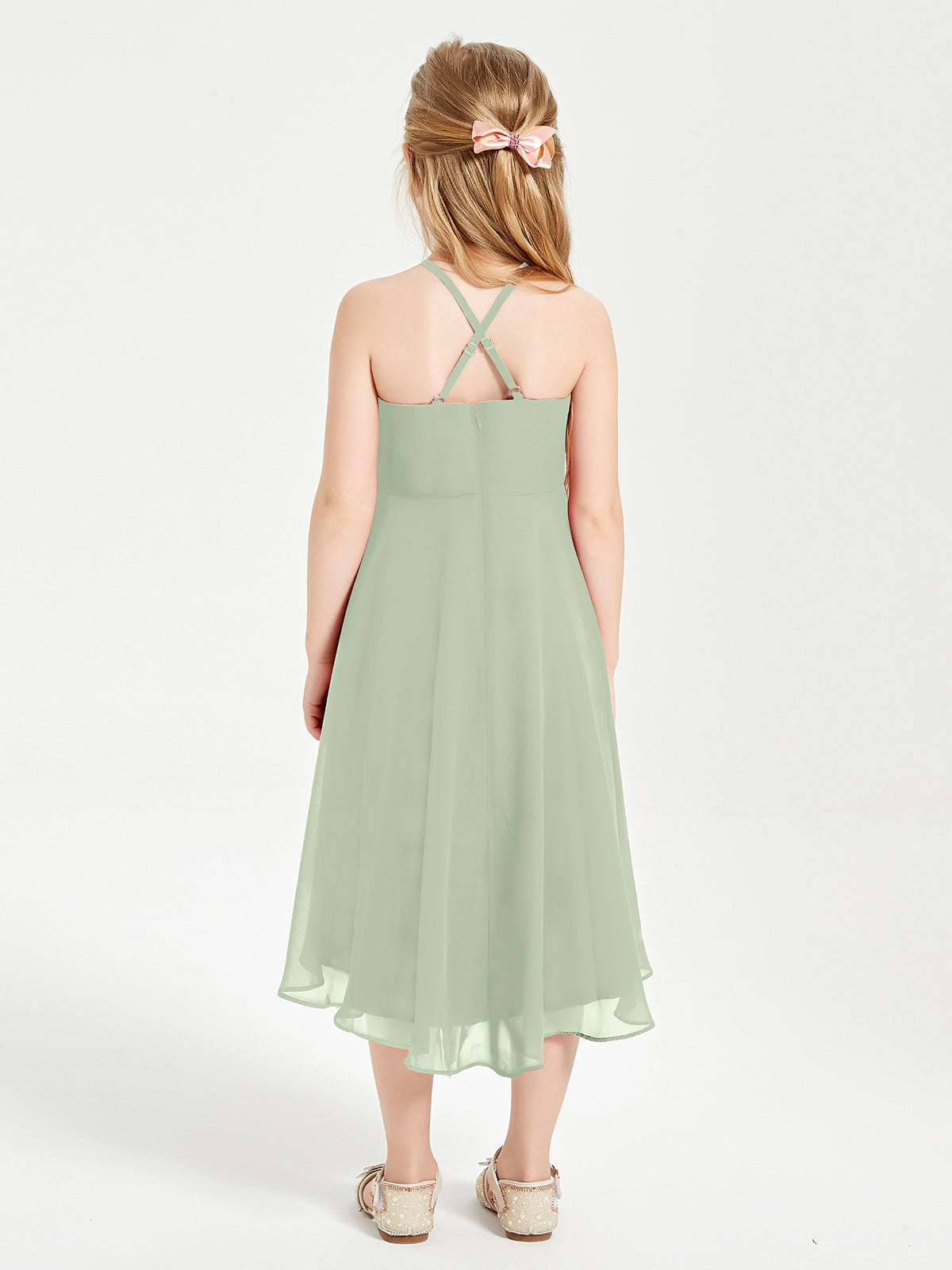 Tea Length Junior Bridesmaid Dresses with Asymmetrical Skirts Dusty Sage